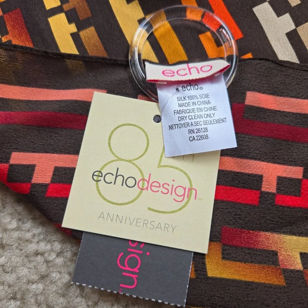 NWT Echo Silk Oblong Scarf Brown with Red, Orange, and Yellow Autumn Fall